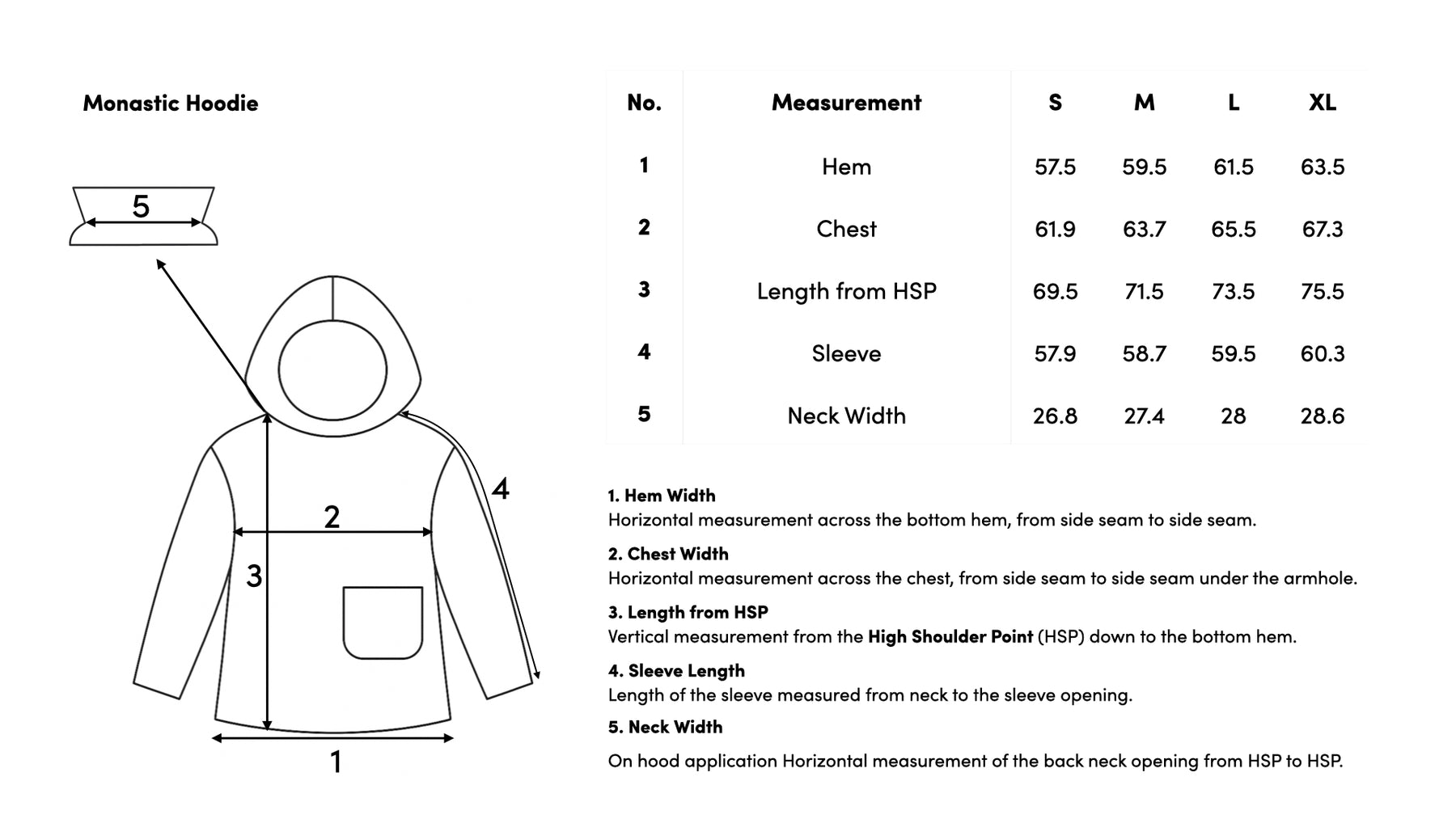 Size guide for Monastic Hoodie